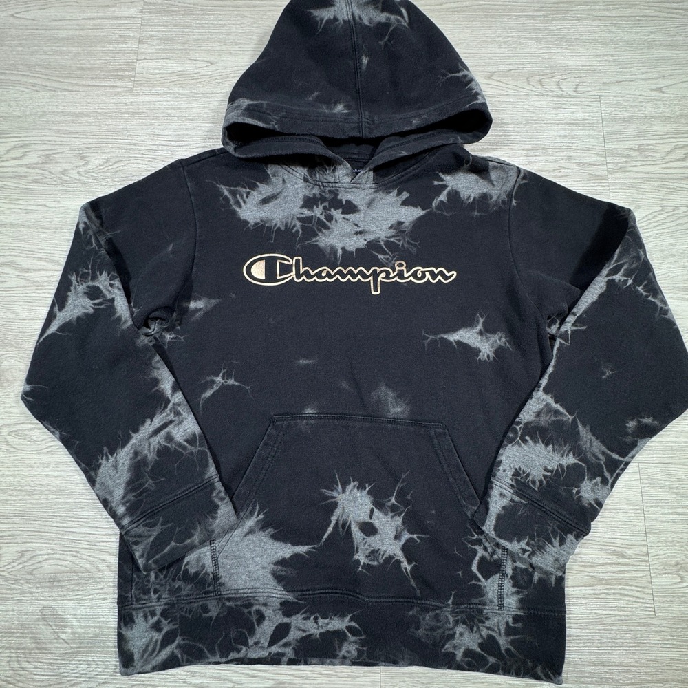Champion‎ Mens Hoodie Tie Dye Black Grey Script Logo Pullover Sweatshirt L Large